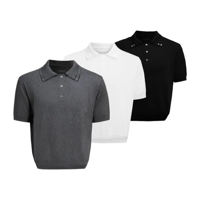 Men's double lapel collar short sleeve shirt in polyester knit fabric, available in black, grey and white colour options