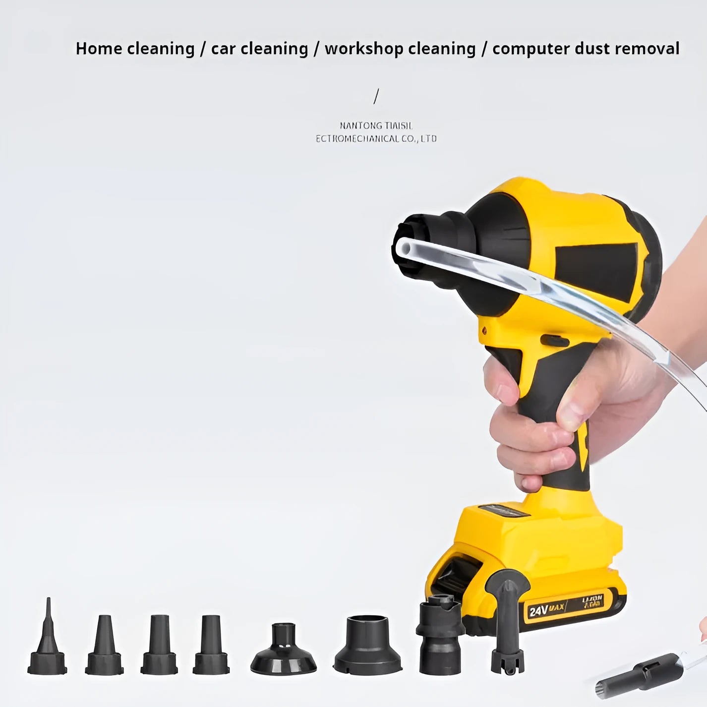 Yellow cordless handheld dust blower gun with adjustable air volume dial for office and home cleaning