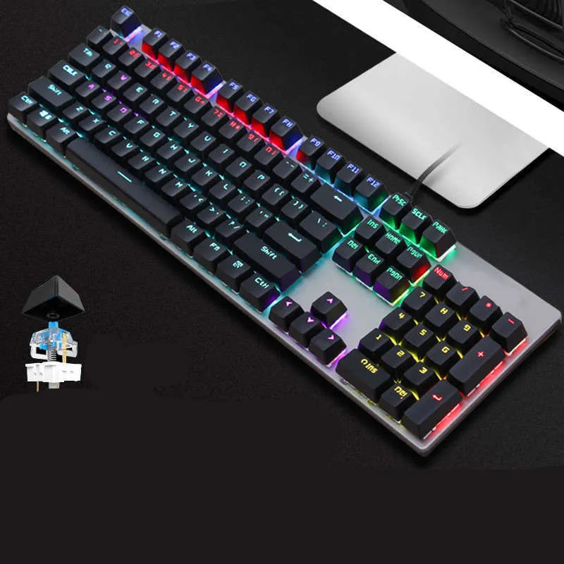 AOC GK410 green axis mechanical keyboard with 104 keys, metal construction, and USB cable
