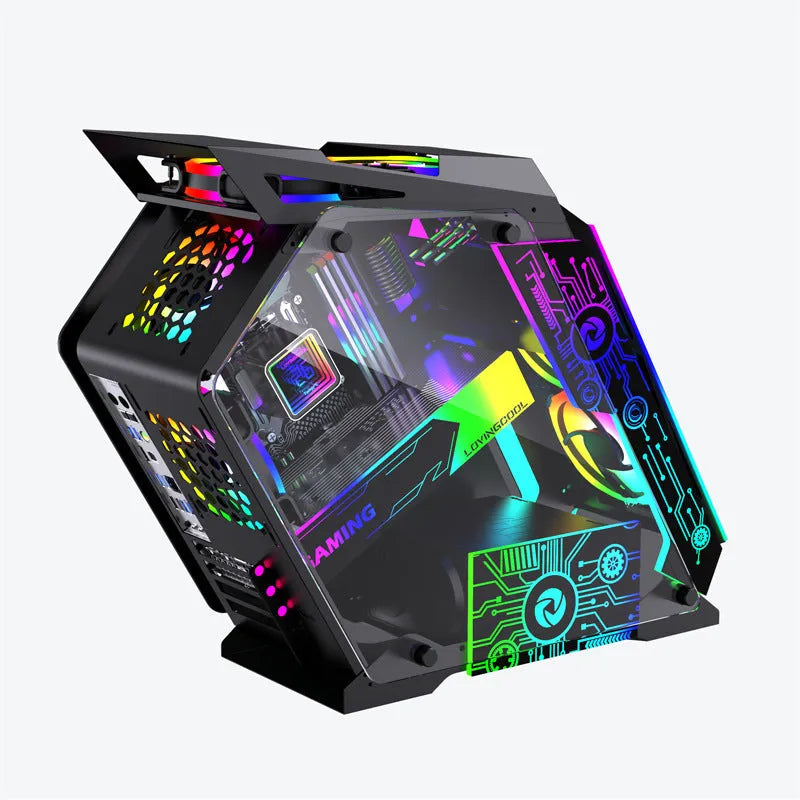 Table-type black bare metal PC chassis with six RGB fans lit up on a desk