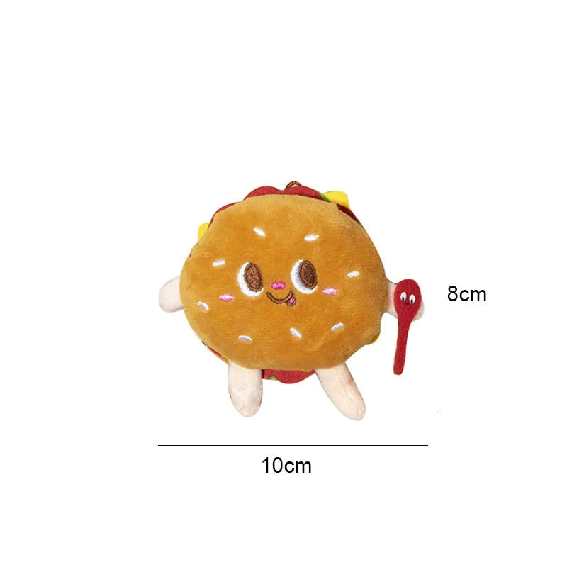 Set of five plush cat chew toys shaped like a hamburger, chicken leg, fries, bread, and hot dog.