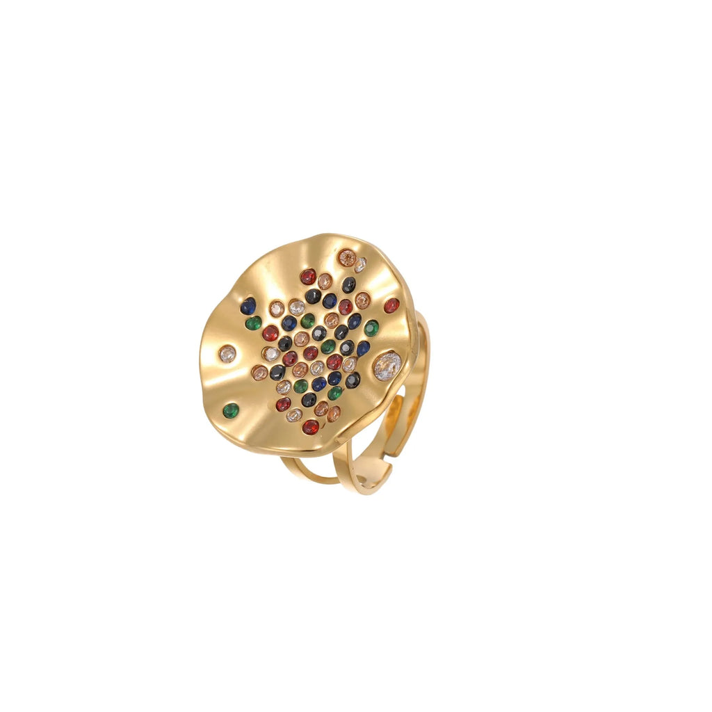 Geometric pleated titanium steel ring with crystal inlays and adjustable open mouth design