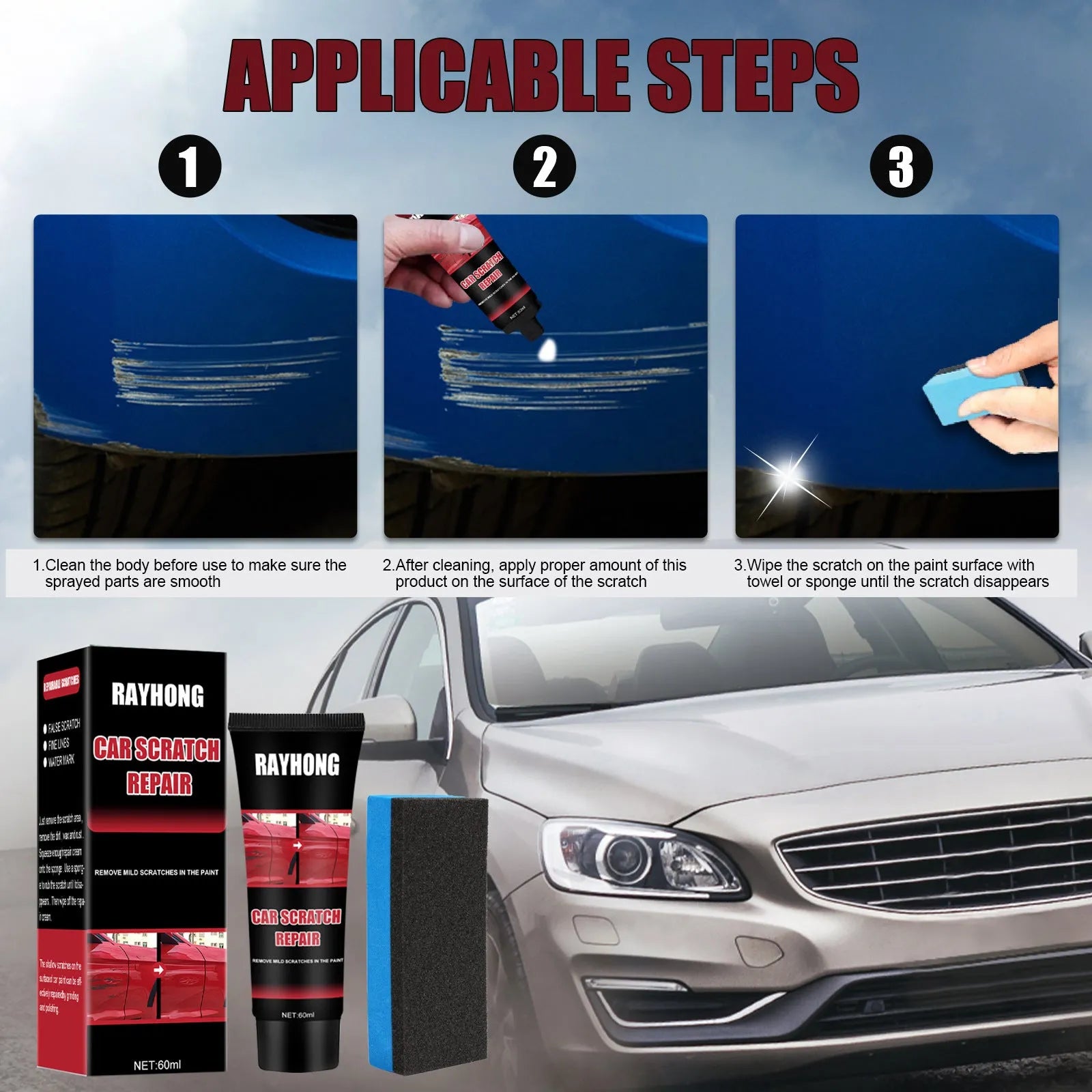 60ml bottle of car scratch repair wax with applicator for paint surface maintenance.