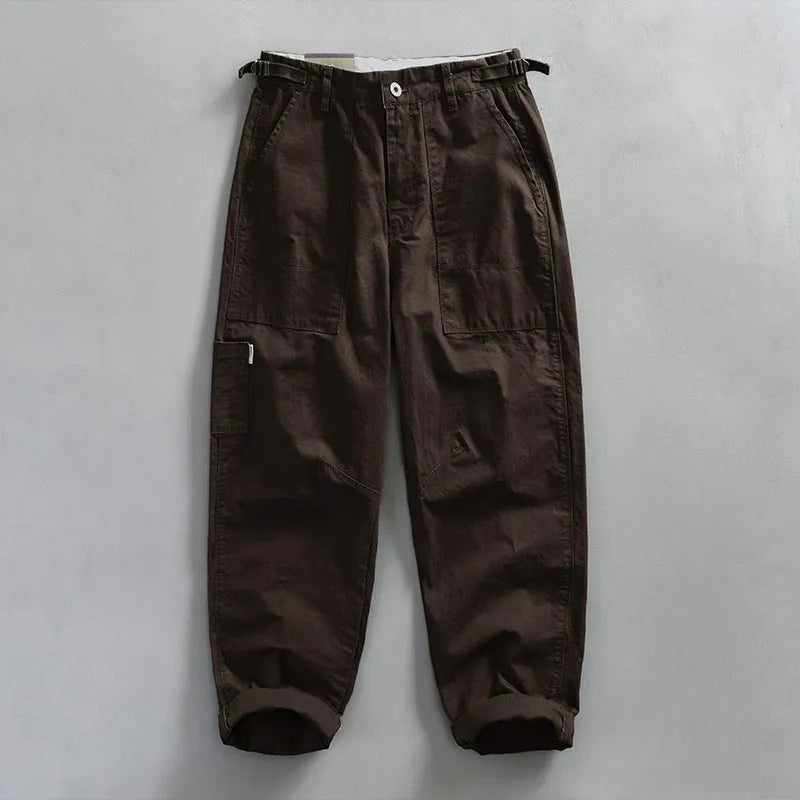 Young men's cotton straight-leg workwear casual trousers in apricot, brown, and army green, sizes 29 to 38