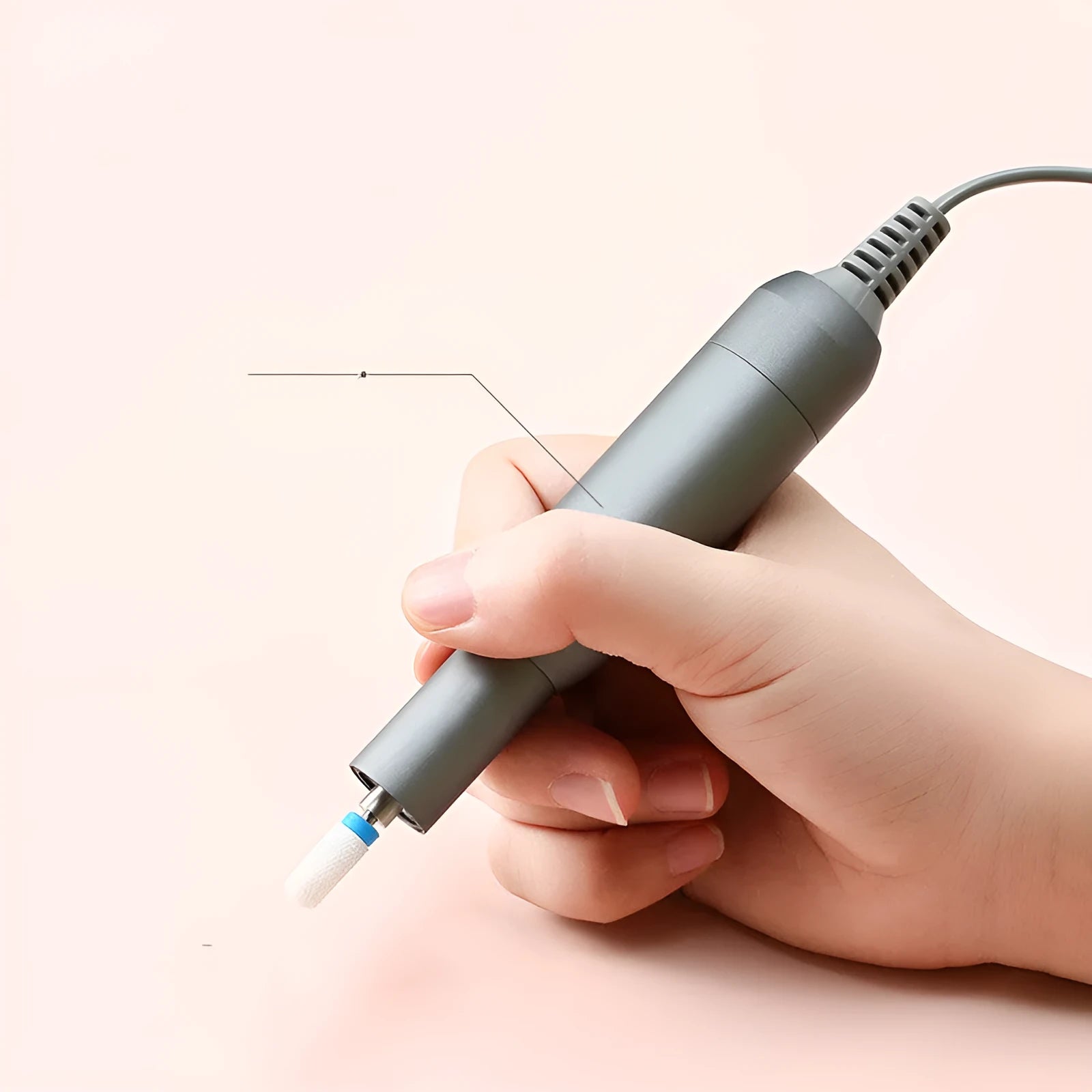 Rechargeable electric nail polisher pen with LED light in pearl white, showing controller and polishing head set on a white surface