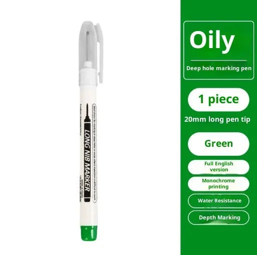 Multi-color deep hole marking pen with 20mm long tip on metal surface showing black ink mark