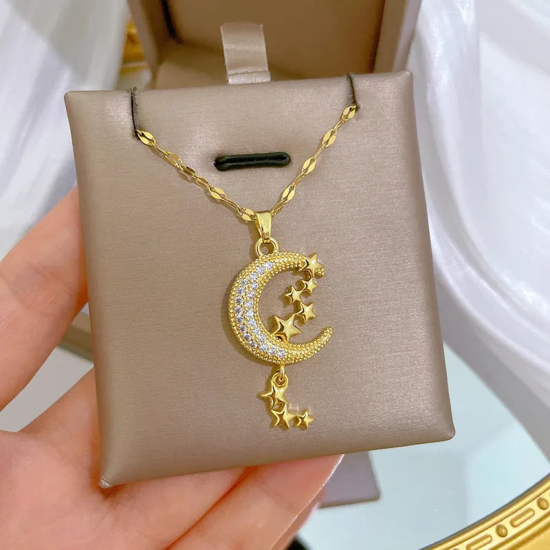 Geometric moon necklace with stainless steel chain and copper pendant centrepiece