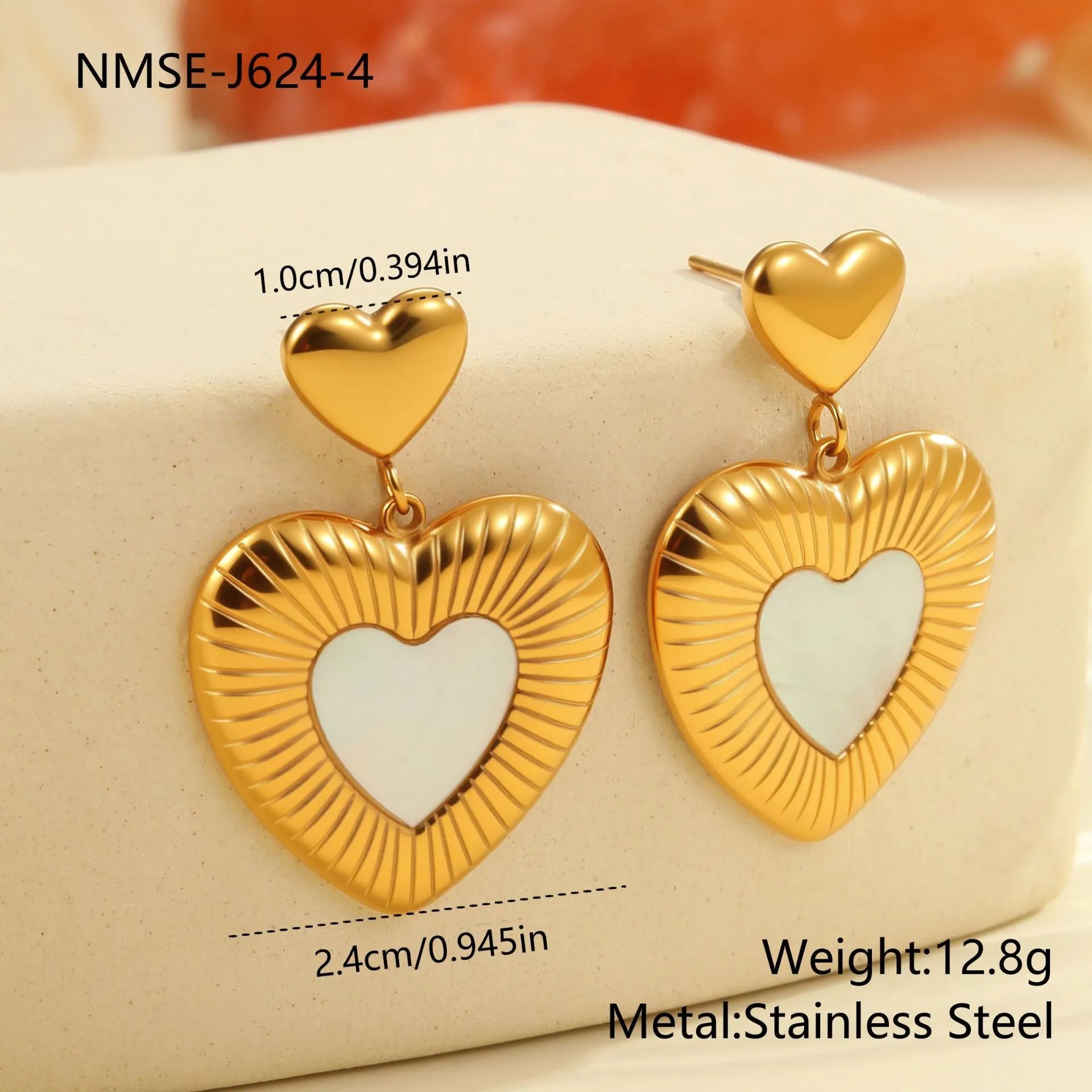 Gold electroplated stainless steel heart-shaped fritillary earrings for women