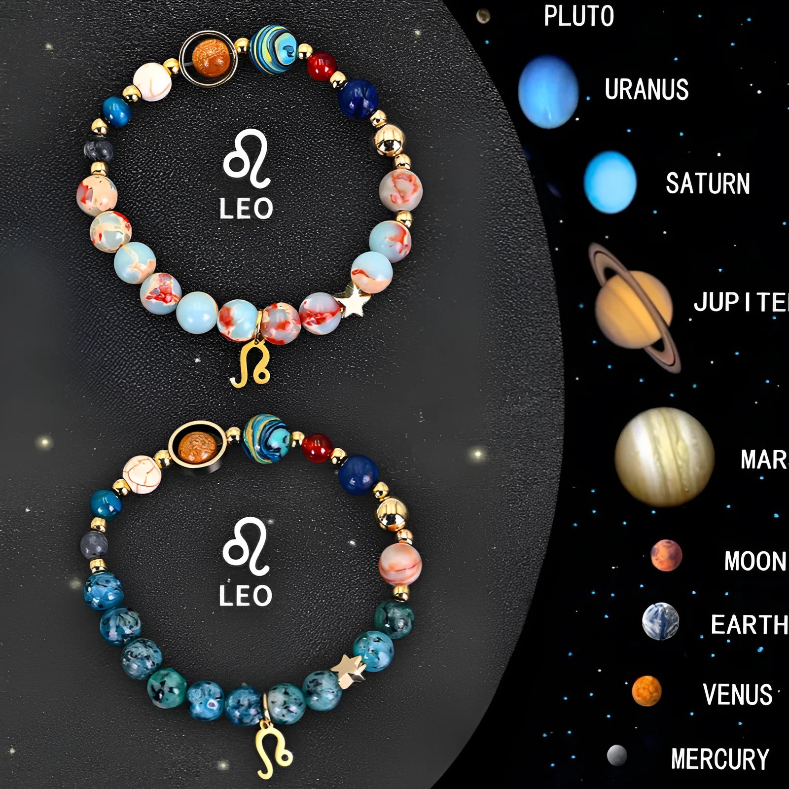 Two natural stone beaded bracelets with adjustable cords, presented as a zodiac sign bracelet set.