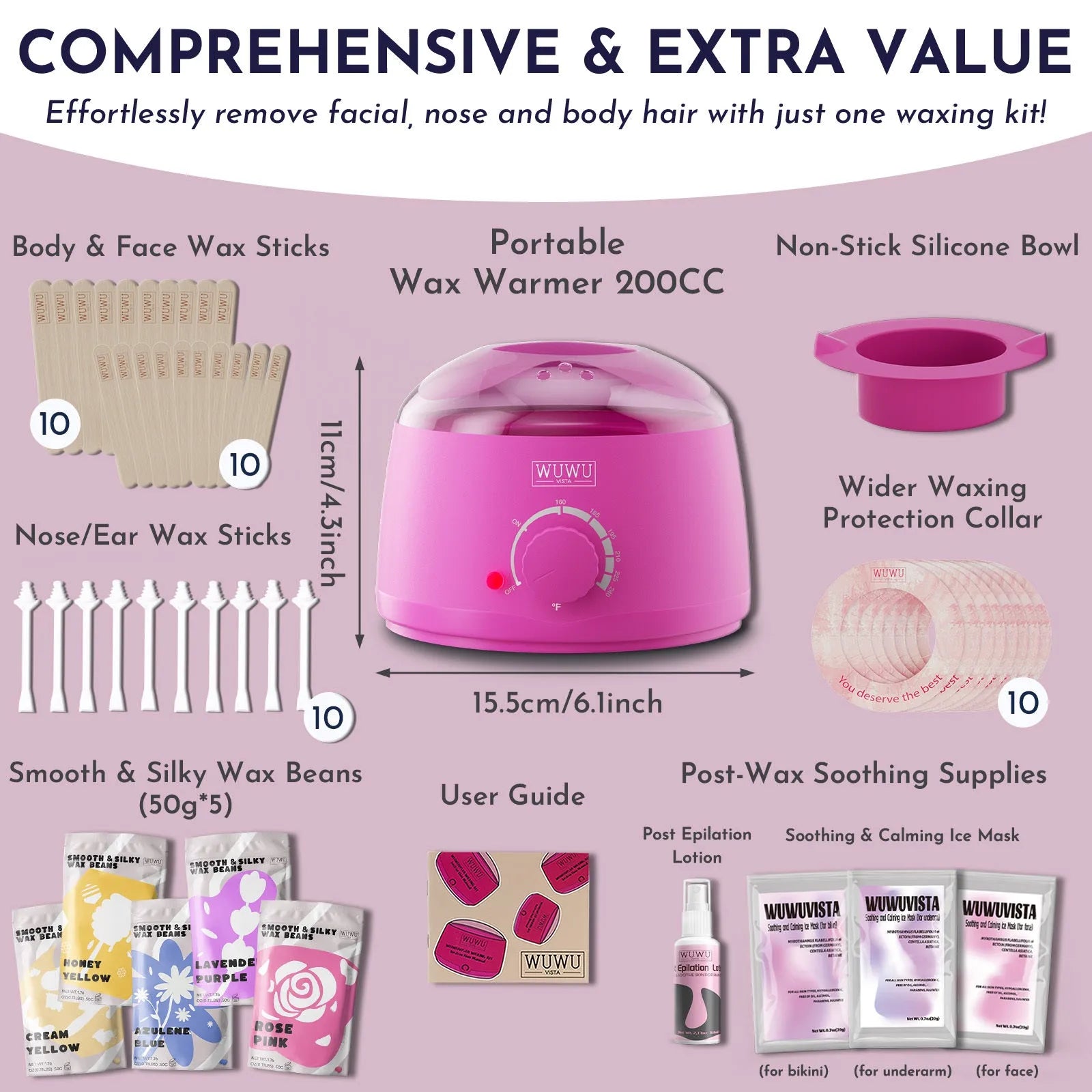 Professional 52-piece waxing kit with wax warmer, five natural wax beans, tools, and post-care products