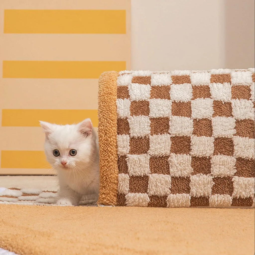 XL coffee coloured plush fan-shaped pet bed with a tunnel for dogs and cats on a wooden floor.