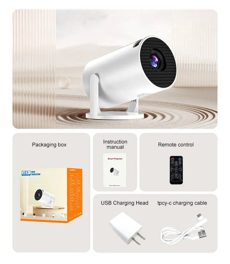 White mini wireless portable HD projector for home cinema use on a wooden table