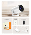 White mini wireless portable HD projector for home cinema use on a wooden table
