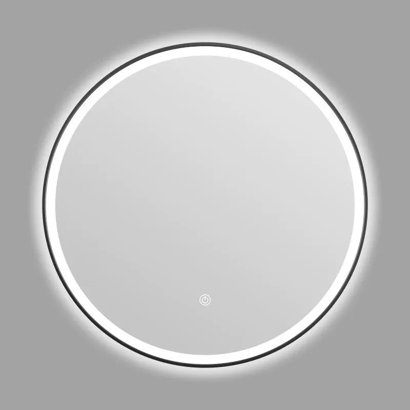 Round black frame bathroom mirror with LED lighting mounted on wall