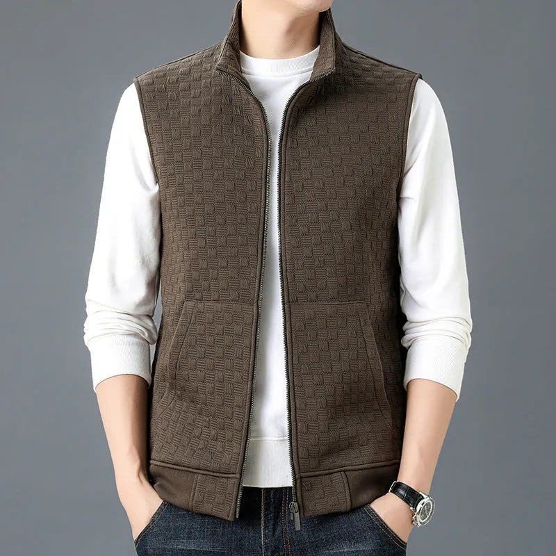 Casual sleeveless waistcoat top in chemical fibre blend fabric shown in cardigan style