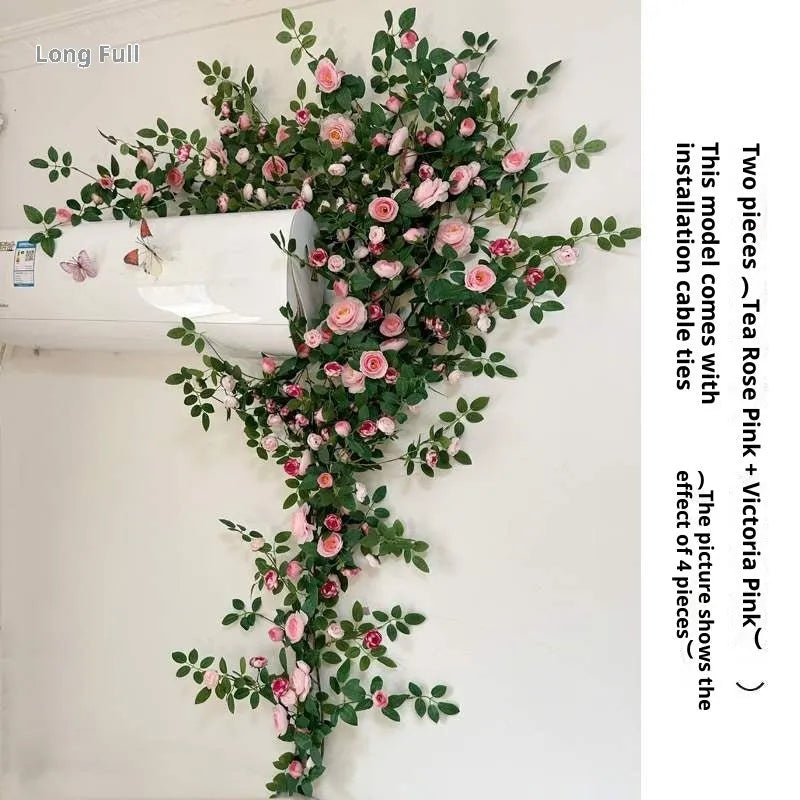 Artificial rose flower rattan vine with wire leaves and two coloured lantern lights