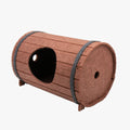 Assembled grey felt wine barrel-shaped pet bed for cats and small dogs.