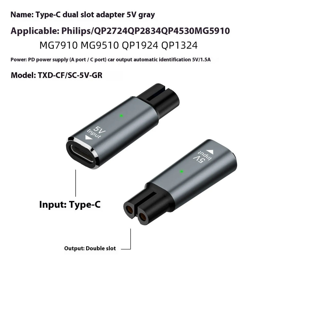 USB C charging adapter for electric shavers in black or grey with aluminium alloy construction