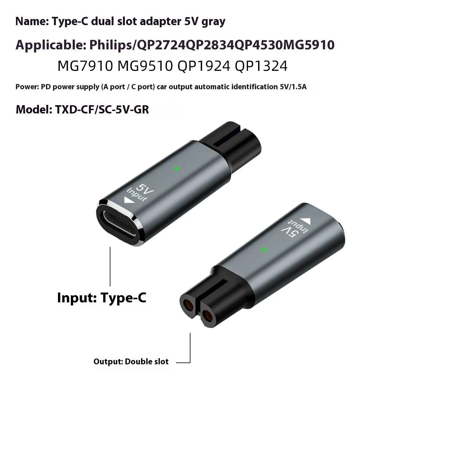 USB C charging adapter for electric shavers in black or grey with aluminium alloy construction
