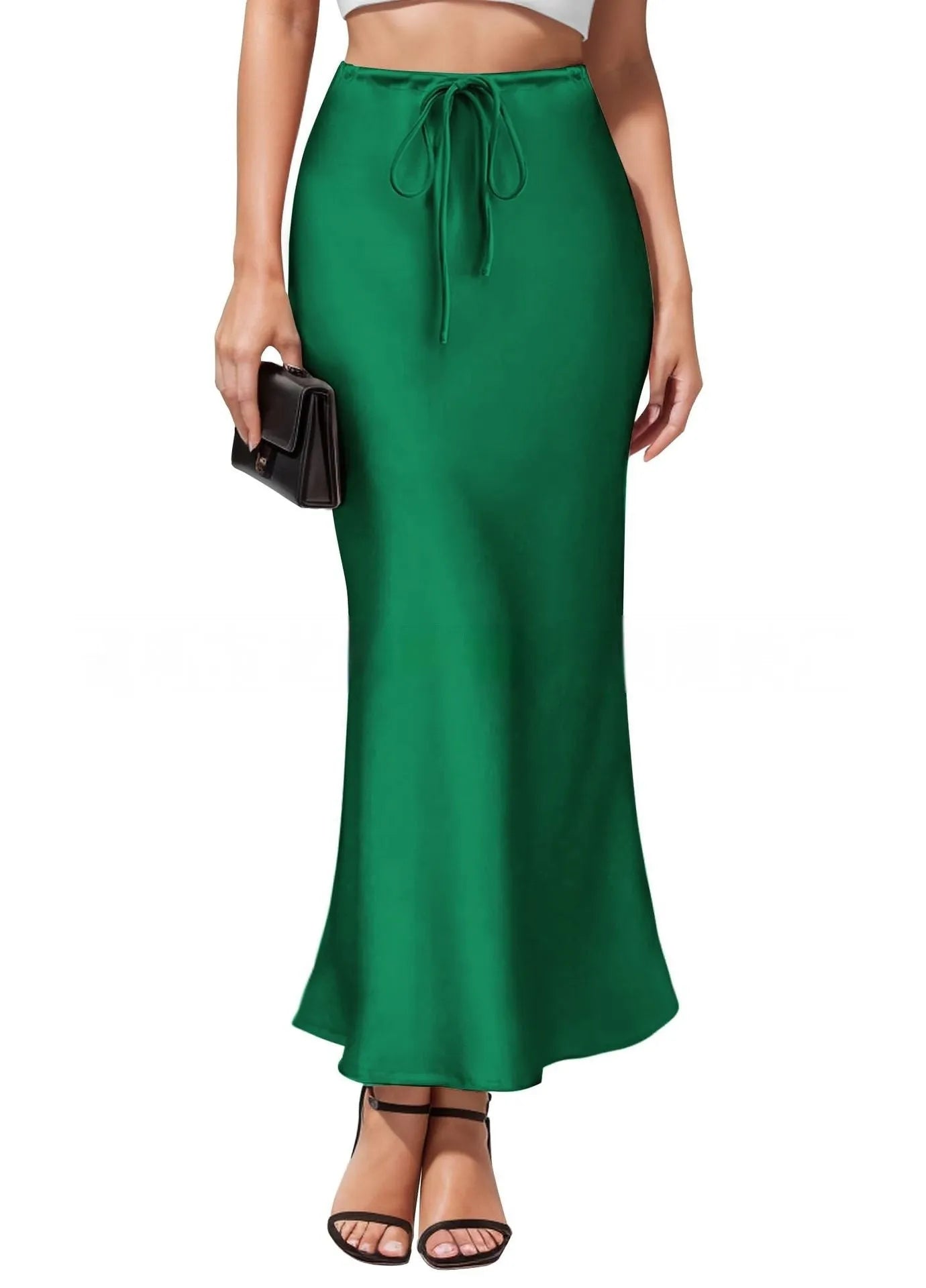 Acetate satin asymmetric skirt with irregular stitching in high-waist design, showing colour options