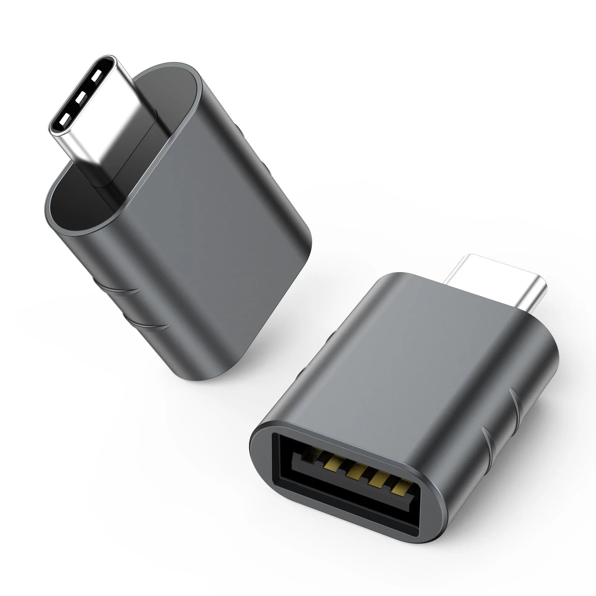 USB data and charging converter adapter in zinc alloy shell, shown in one of seven colour options.