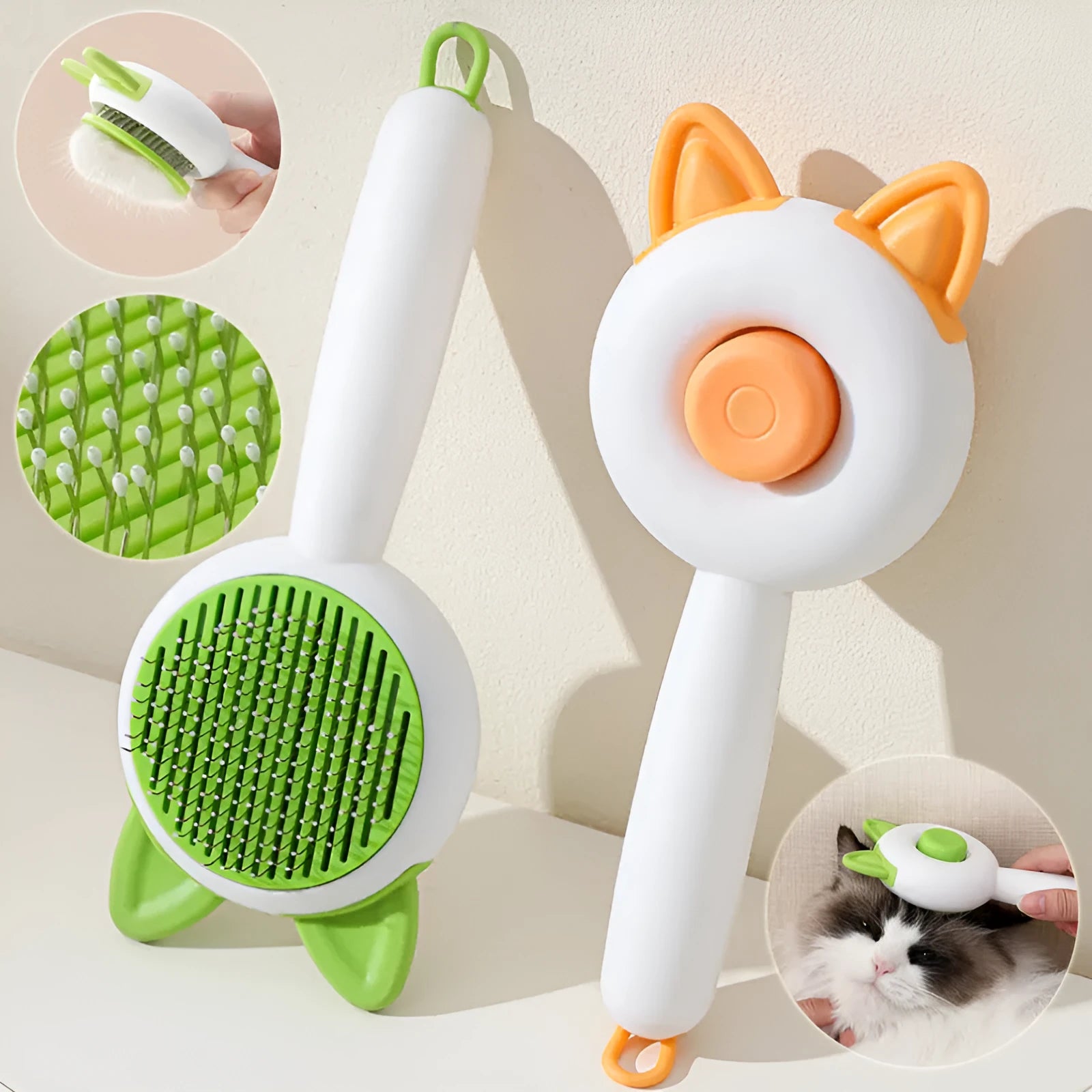 Greenish white cat grooming brush with stainless steel self-cleaning teeth and TPR massage tips