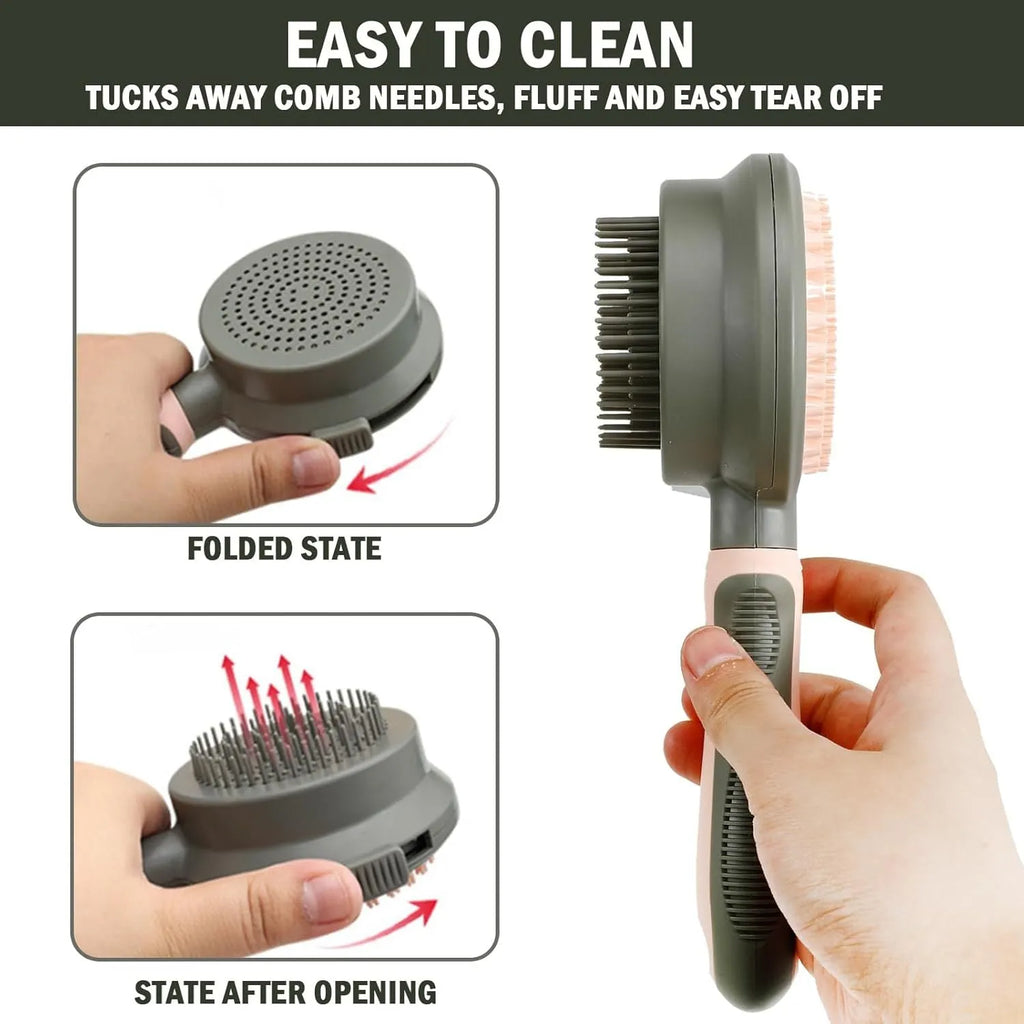 Double sided pink cat brush with release button and flea comb for pet grooming