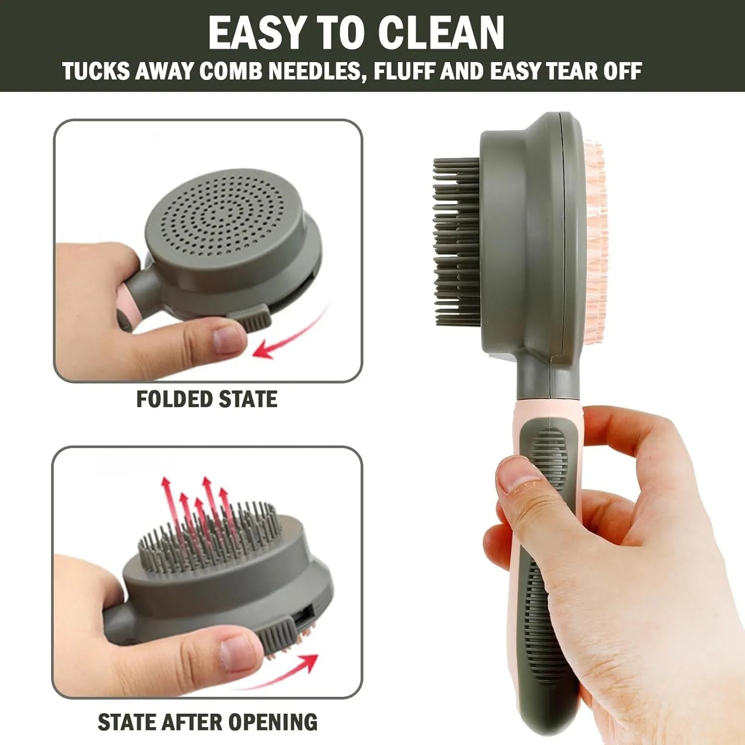 Double sided pink cat brush with release button and flea comb for pet grooming