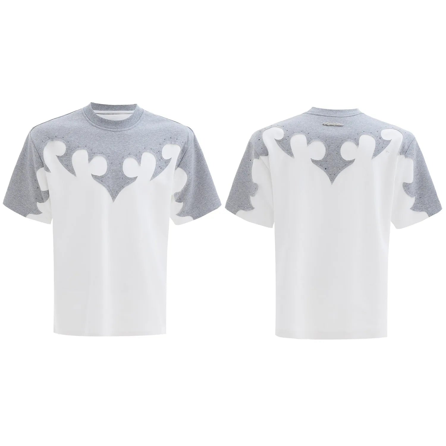Men's cotton shirt with burnt flower stitching and rhinestone detailing in red, white, and grey colours
