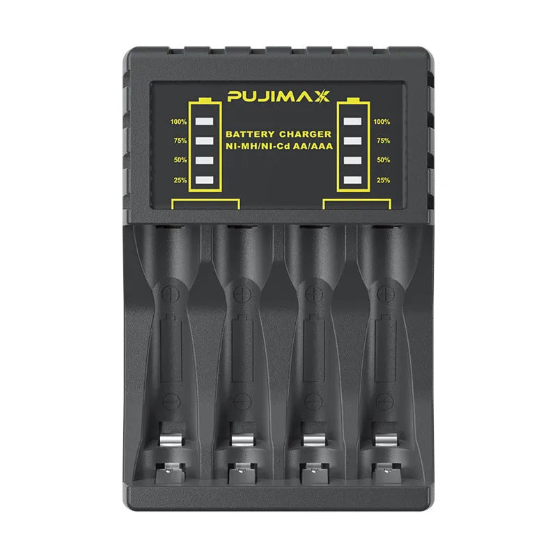 Household black Ni-MH battery charger with LCD screen showing charging status for AA and AAA batteries
