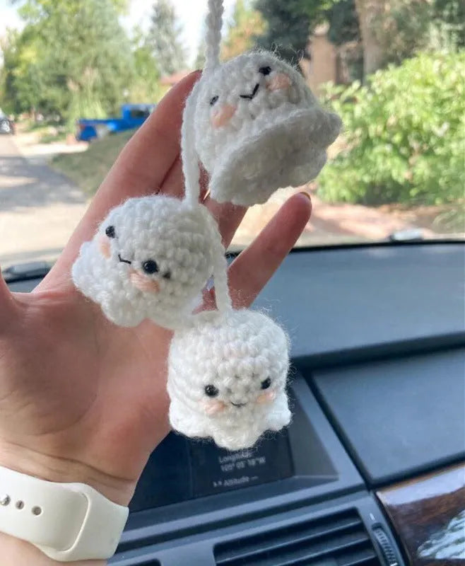 Plush hand-woven car hanging ornament in a cartoon design made from polyester