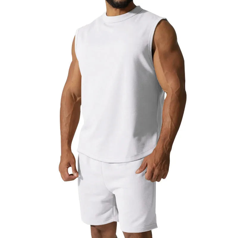 Men's sleeveless top and shorts cotton blend sports suit set in multiple solid colours