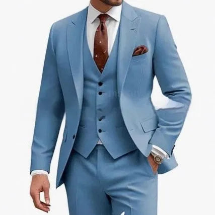 Men's slim fit three-piece suit in a choice of nine colours, shown on a hanger.