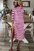 Striped printed long sleeve dress with contrast edge in Rose Stripe colour, viscose blend fabric, sizes S to 2XL