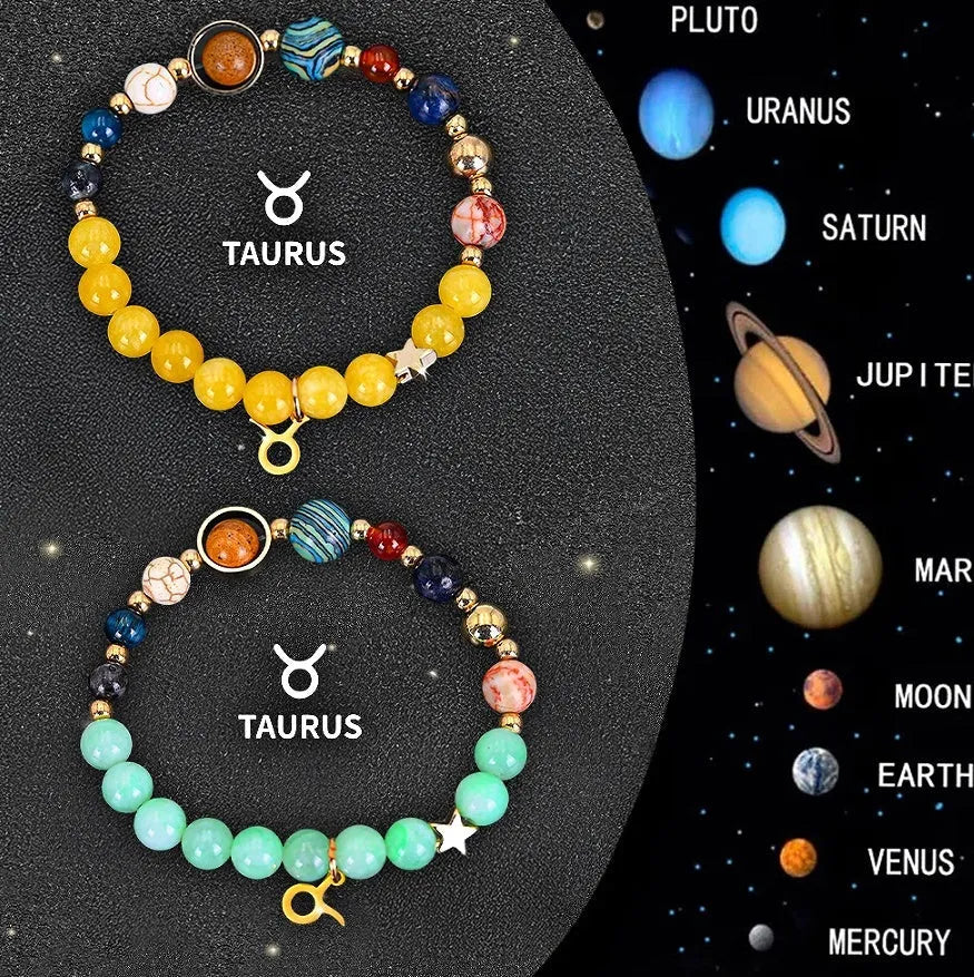 Two natural stone beaded bracelets for zodiac signs on a neutral background.
