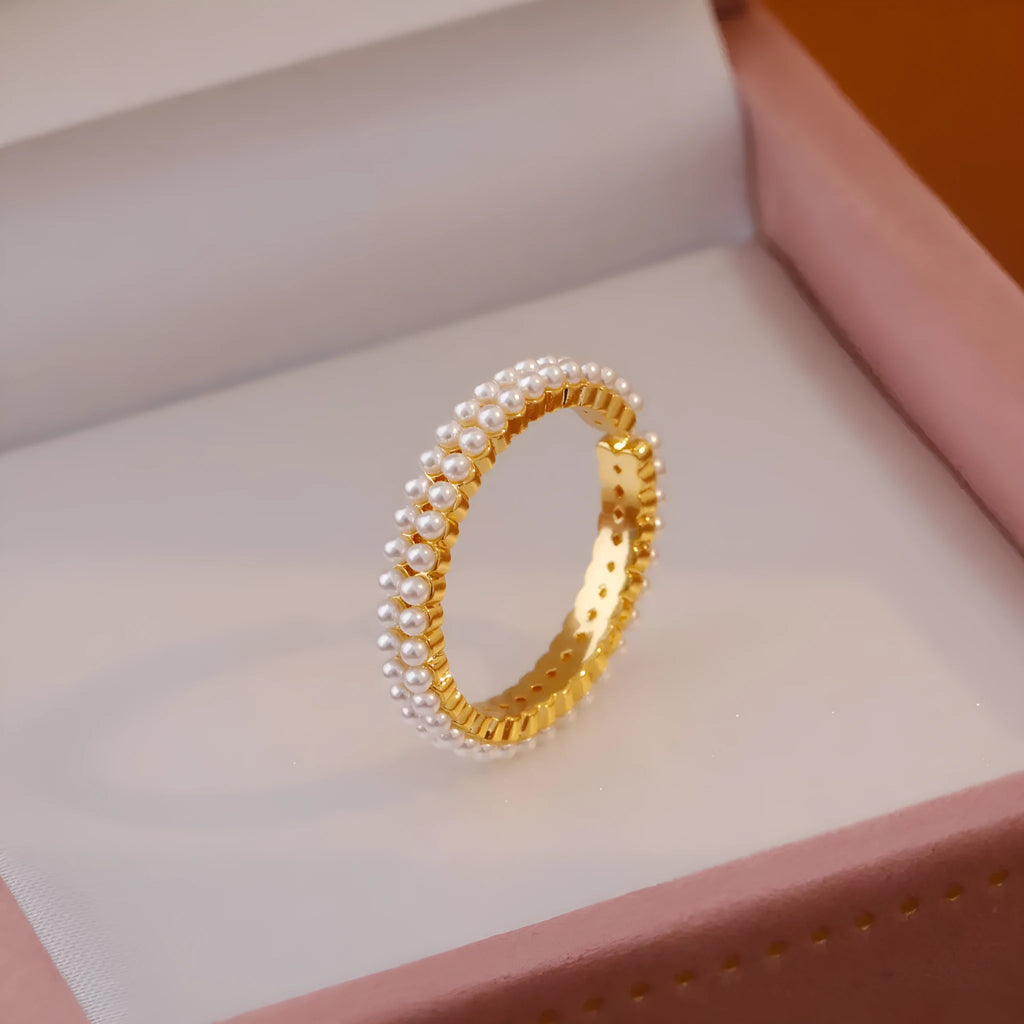 Gold geometric pearl women's adjustable open ring on copper with round elements