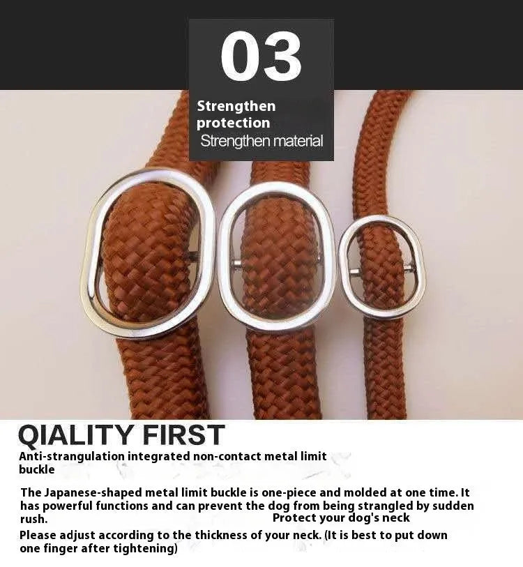 Brown nylon dog leash with metal P-chain section and rope handle measuring 2.1 metres
