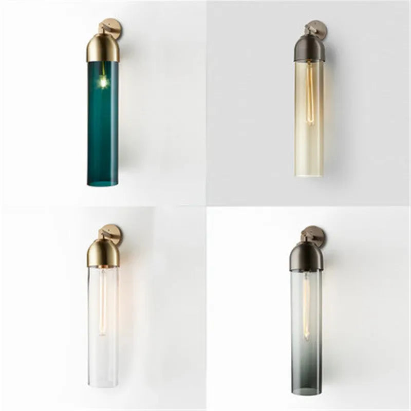 Nordic modern minimalist glass wall lamp with E27 holder in blue, amber, transparent, smoke grey, or milky white.