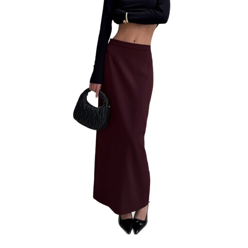 High waist straight skirt dark brown polyester split design front view