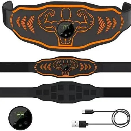 Blue and orange smart EMS massage belt set with rechargeable host and arm stickers