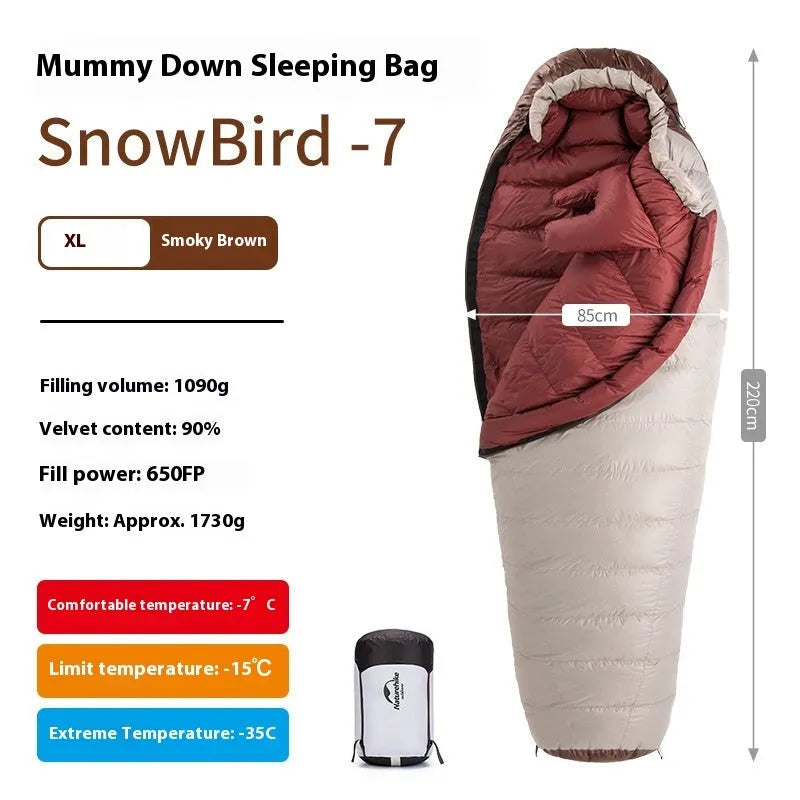 Goose down mummy-style sleeping bag in a storage bag, showing size and fill weight options.