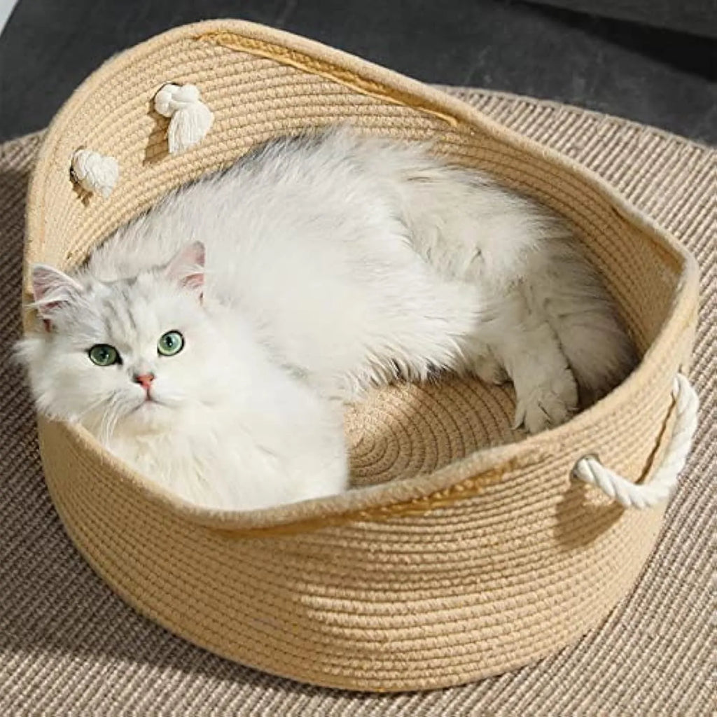 Wicker cat bed basket with corrugated scratching surface in two size options