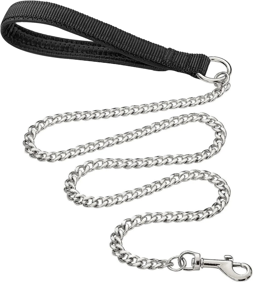 Heavy duty metal dog leash with soft black padded handle and silver chain, shown with a large dog collar clip.
