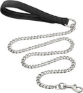 Heavy duty metal dog leash with soft black padded handle and silver chain, shown with a large dog collar clip.