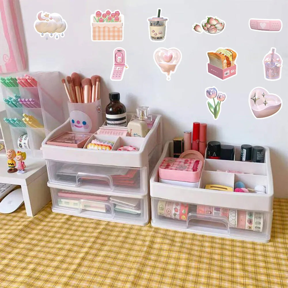 63-piece decorative sticker set with realistic 3D pink girl heart designs in two distinct patterns
