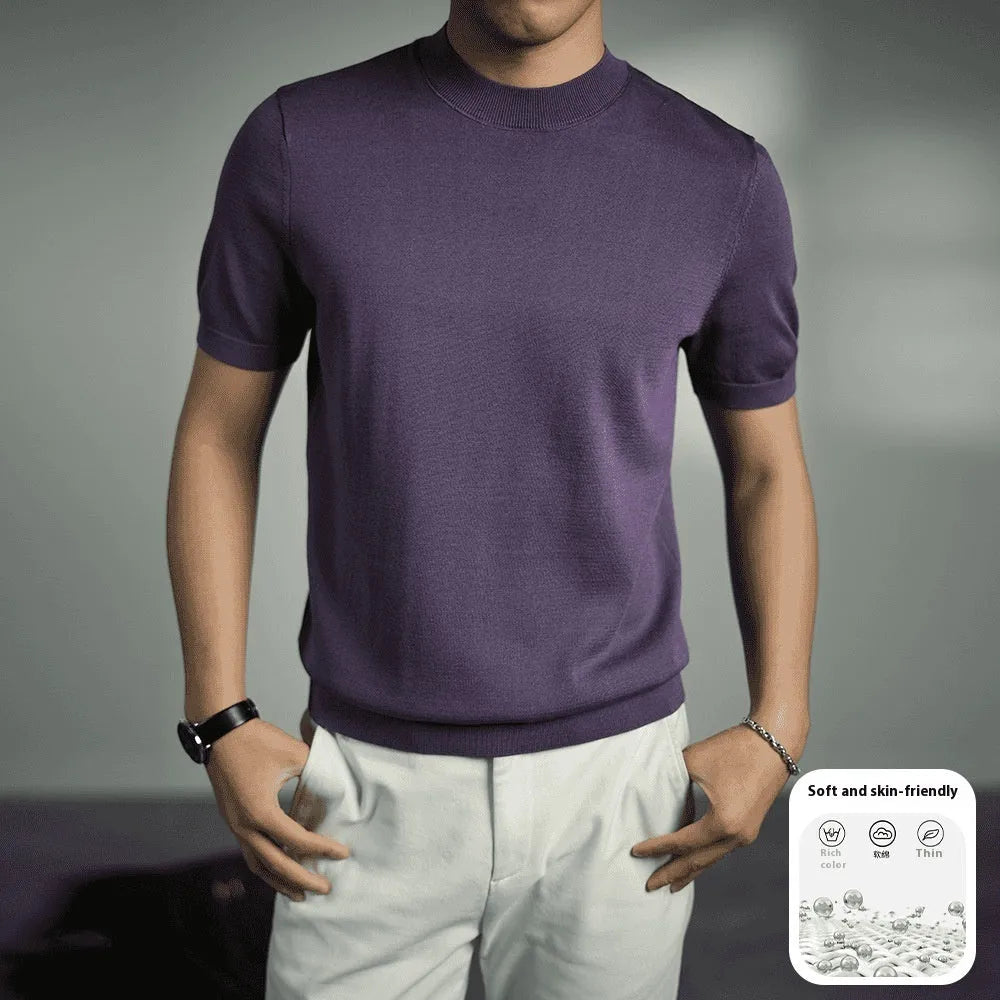 Men's knitted round neck T-shirt in a solid colour, showing short sleeves and non-iron finish.