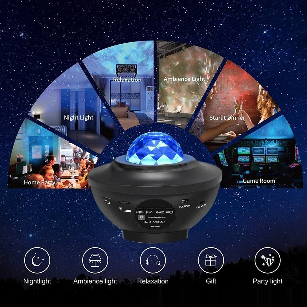 Black parallel style starry sky projection lamp with rotating water ripple effects on desktop