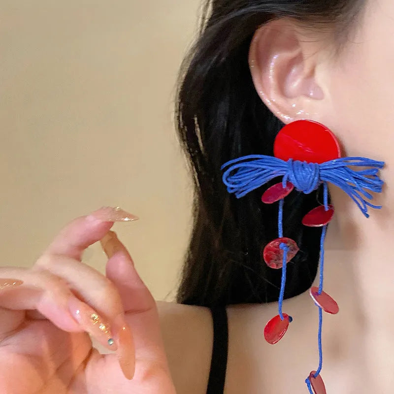 Geometric cloth earrings with silver needle-blue resin flower colour and round design details