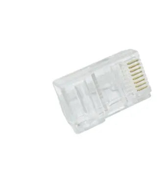 White RJ45 network modular plug with gold-plated three-fork contacts and all-copper insert.