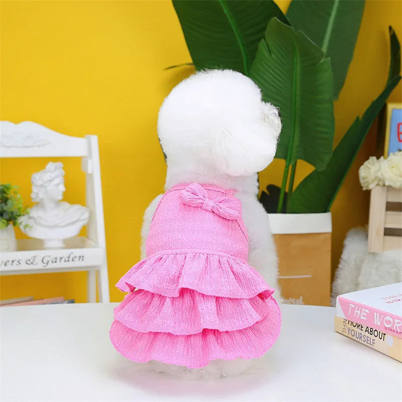 Small dog wearing princess dress with layered skirt in polyester fabric